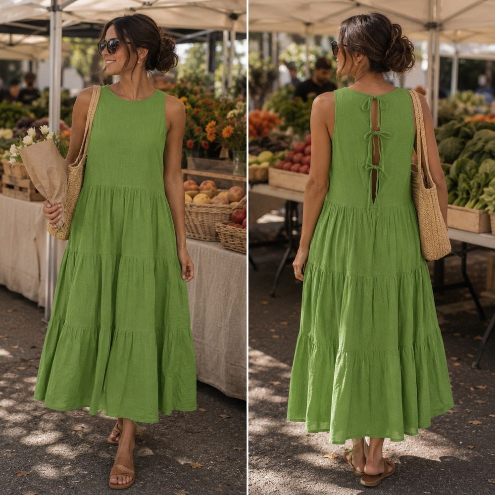 Ex Voto Etta Sundress Meadow Green Tiered Cotton Gauze Midi Dress XS/S NEW